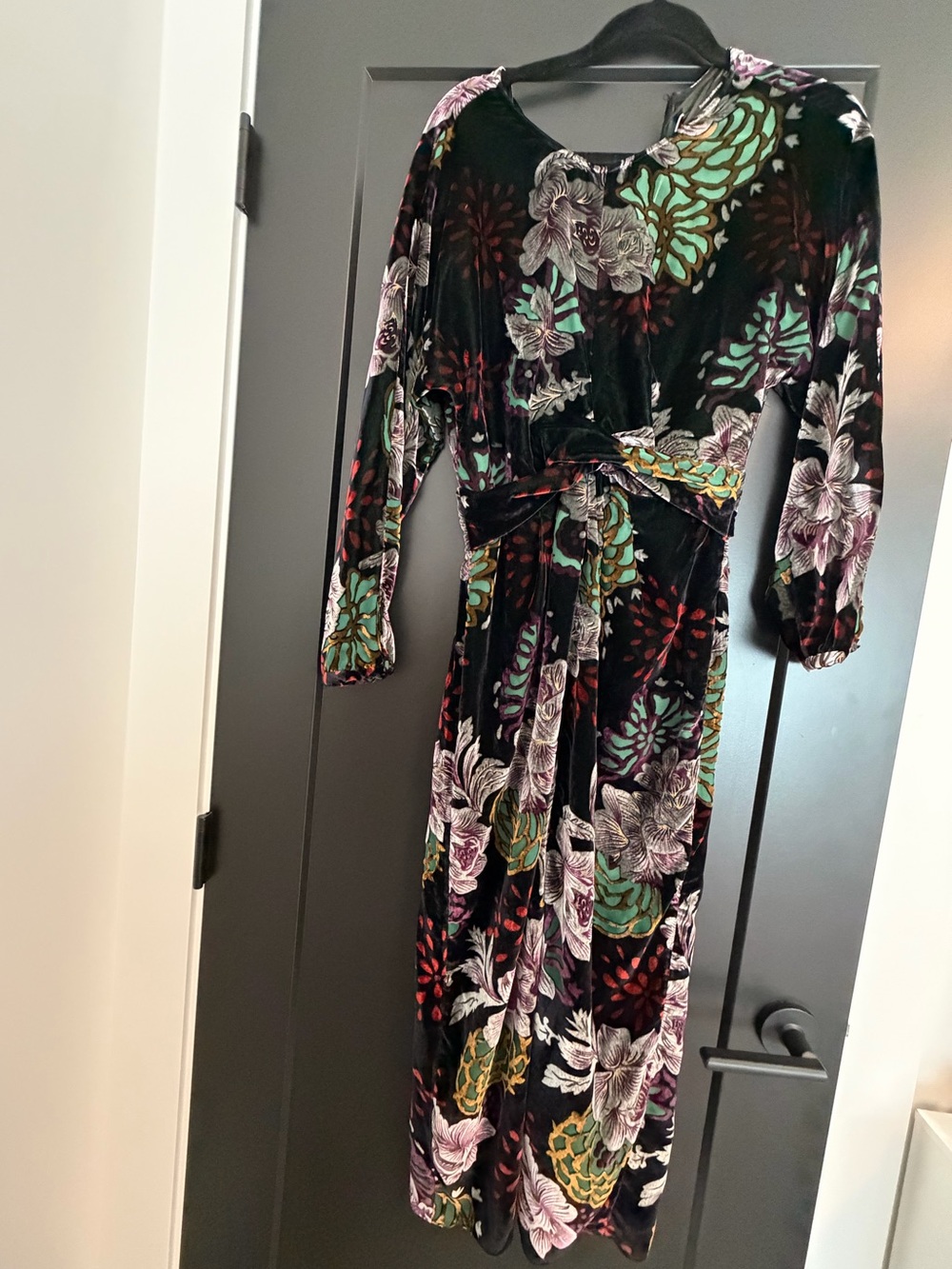 Zara Black Velvet Maxi Dress with Green and Purple Floral Print